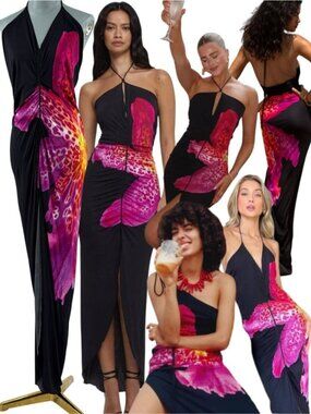 🆕 RAT & BOA 🧿 NWOT Pascala Tropical Orchid Ruched Maxi Dress, Black - Sz M